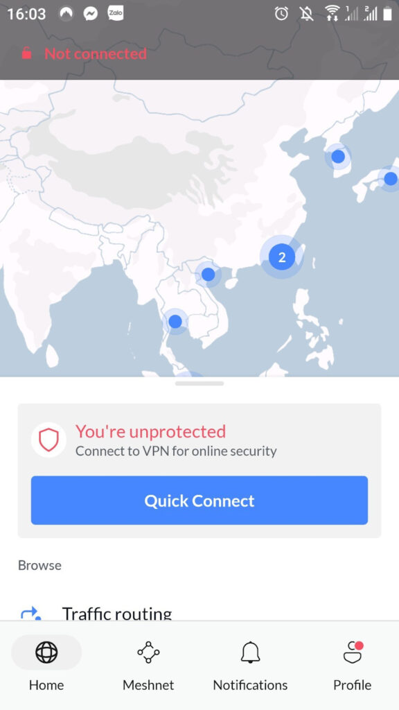 Nhấn vào “Quick Connect” để bật kết nối của ứng dụng NordVPN